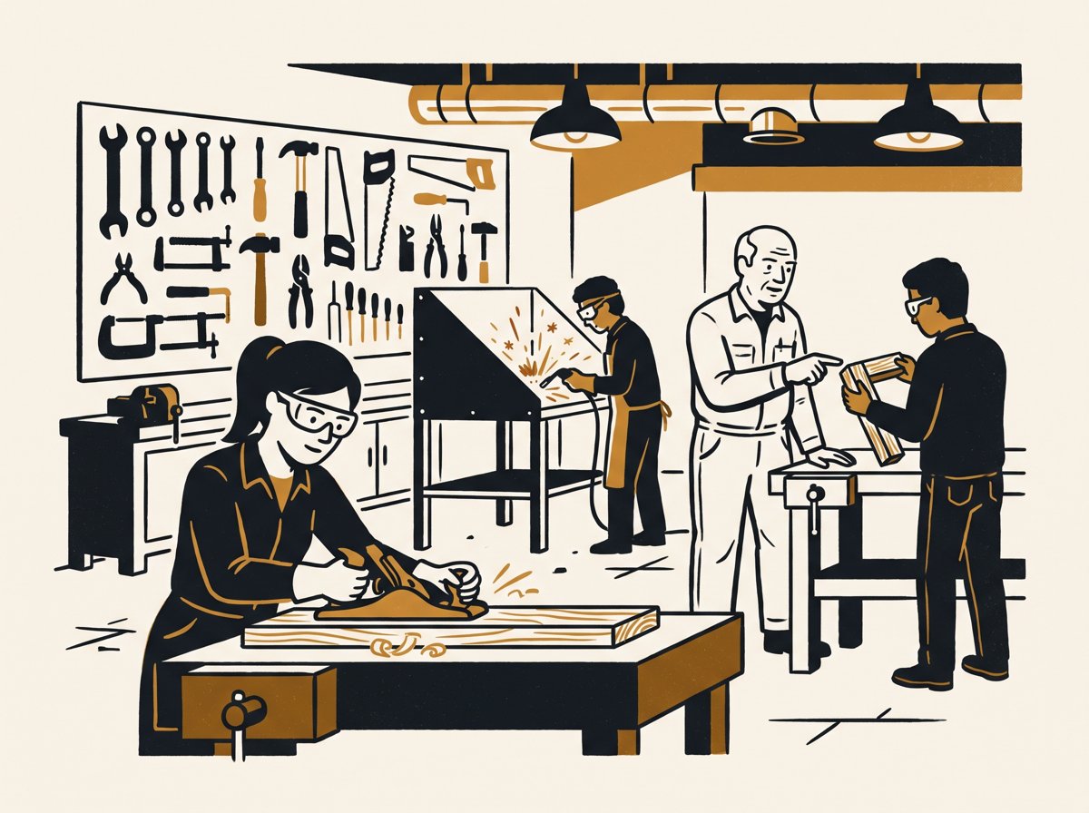 Illustration of a trades training workshop, no real location