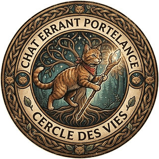 Logo rond montrant un chat roux qui tient un bâton surmonté d'un cristal lumineux, avec les mots Chat Errant Portelance, Cercle des Vies.