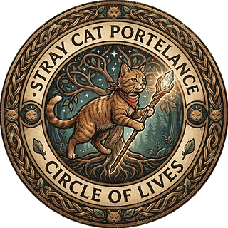 Round logo with an orange cat holding a glowing crystal staff, reading Stray Cat Portelance, Circle of Lives.